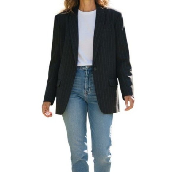 Norma Kamali Boyfriend Jacket Black White Pinstripe Size 4 Blazer Excellent - Picture 1 of 9